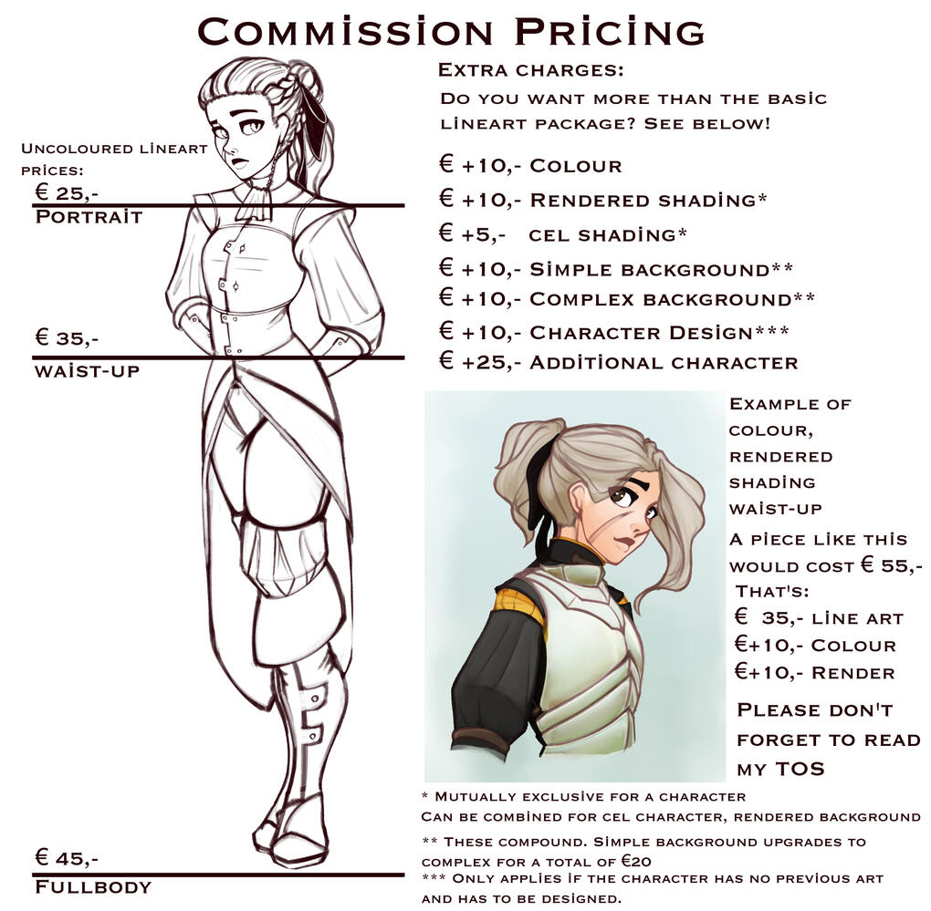 My prices Commission Pricing. The image contains two drawings of a female character, one as lineart, the other as a finished piece. The lineart drawing is divided into three sections. The text lists prices for the variety of commission available.