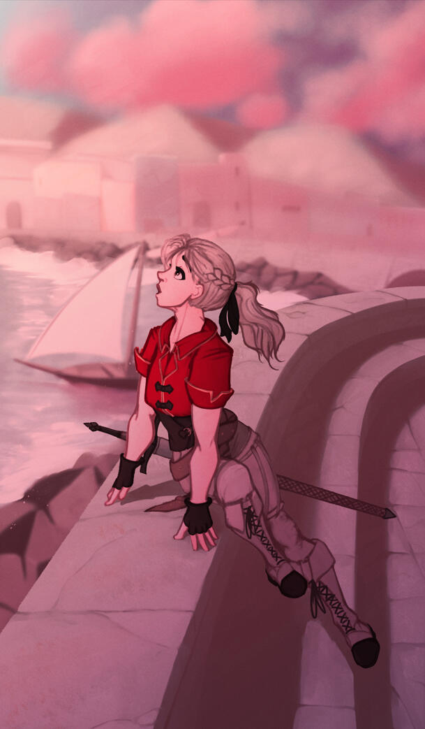 Example Art of my character Yara looking at the sunset